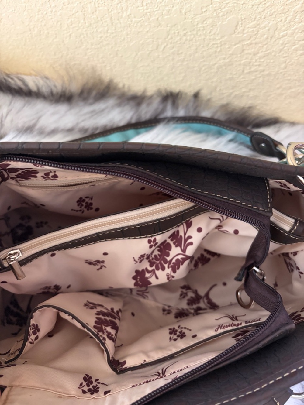 Heritage West Turquoise and Brown Embellished Winged Cross Tote - Picture 10 of 14